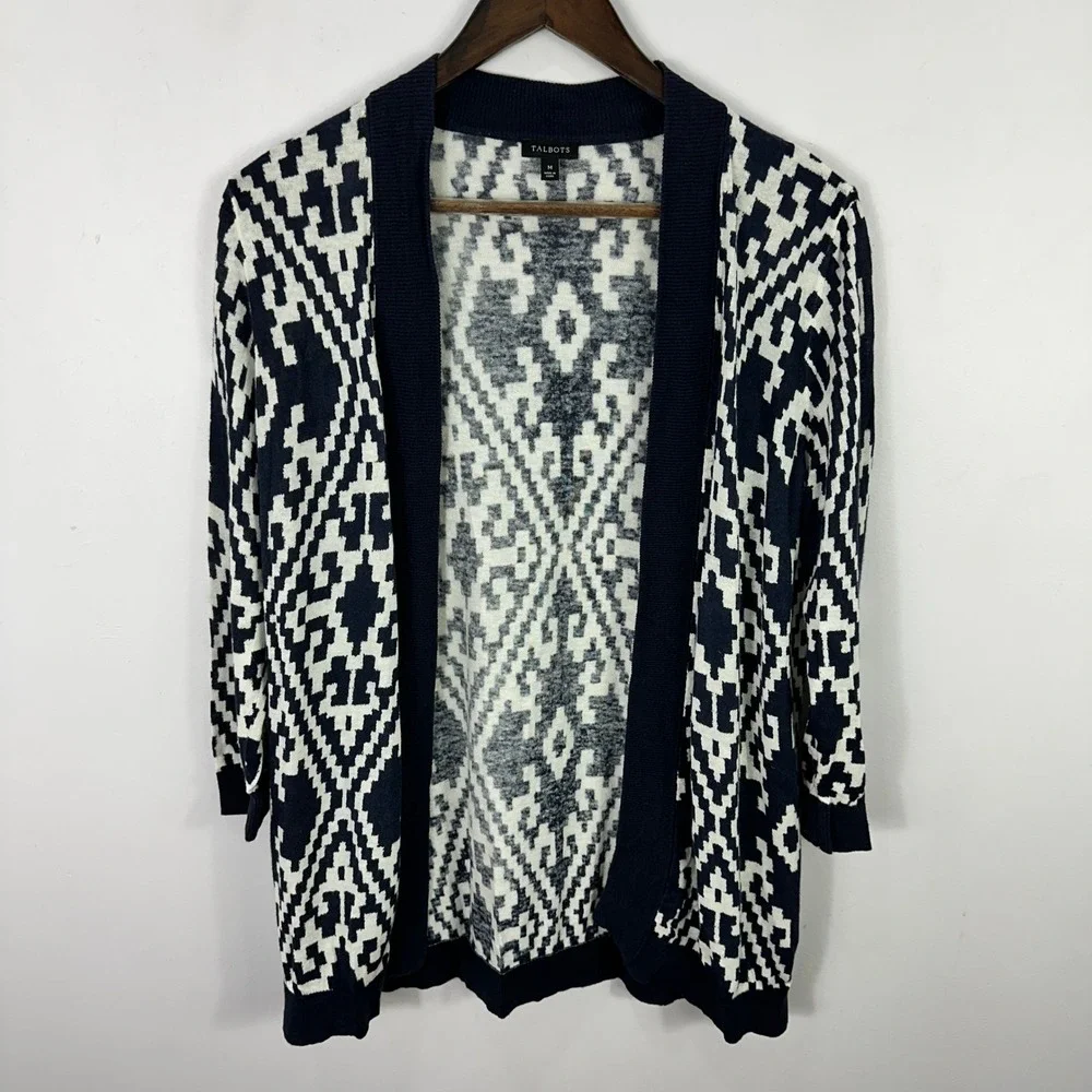 Talbots Cardigan Sweater Medium Blue‎ White Linen Cotton Geometric Ikat Knit